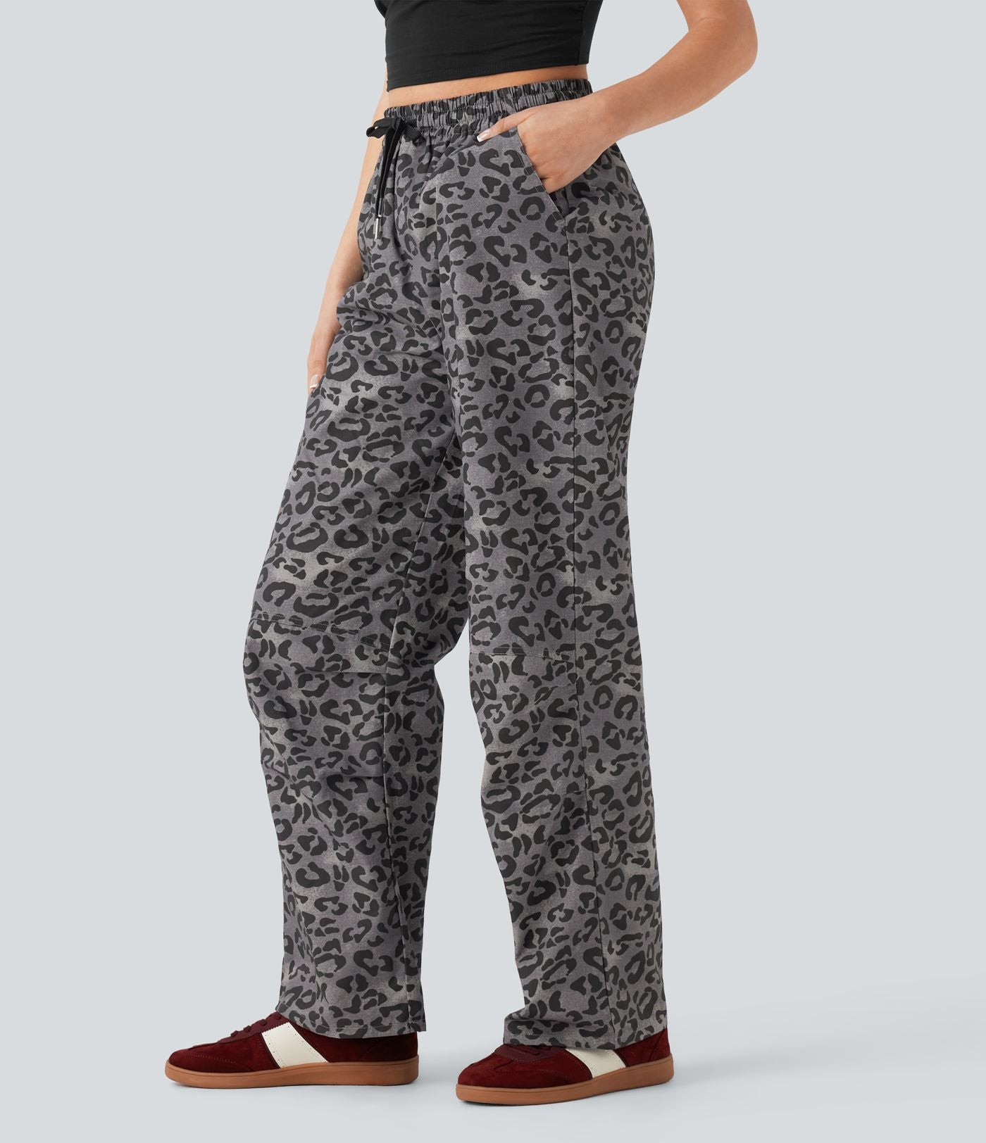 Pantalon casual taille haute cordon jambe droite imprimé léopard avec poches