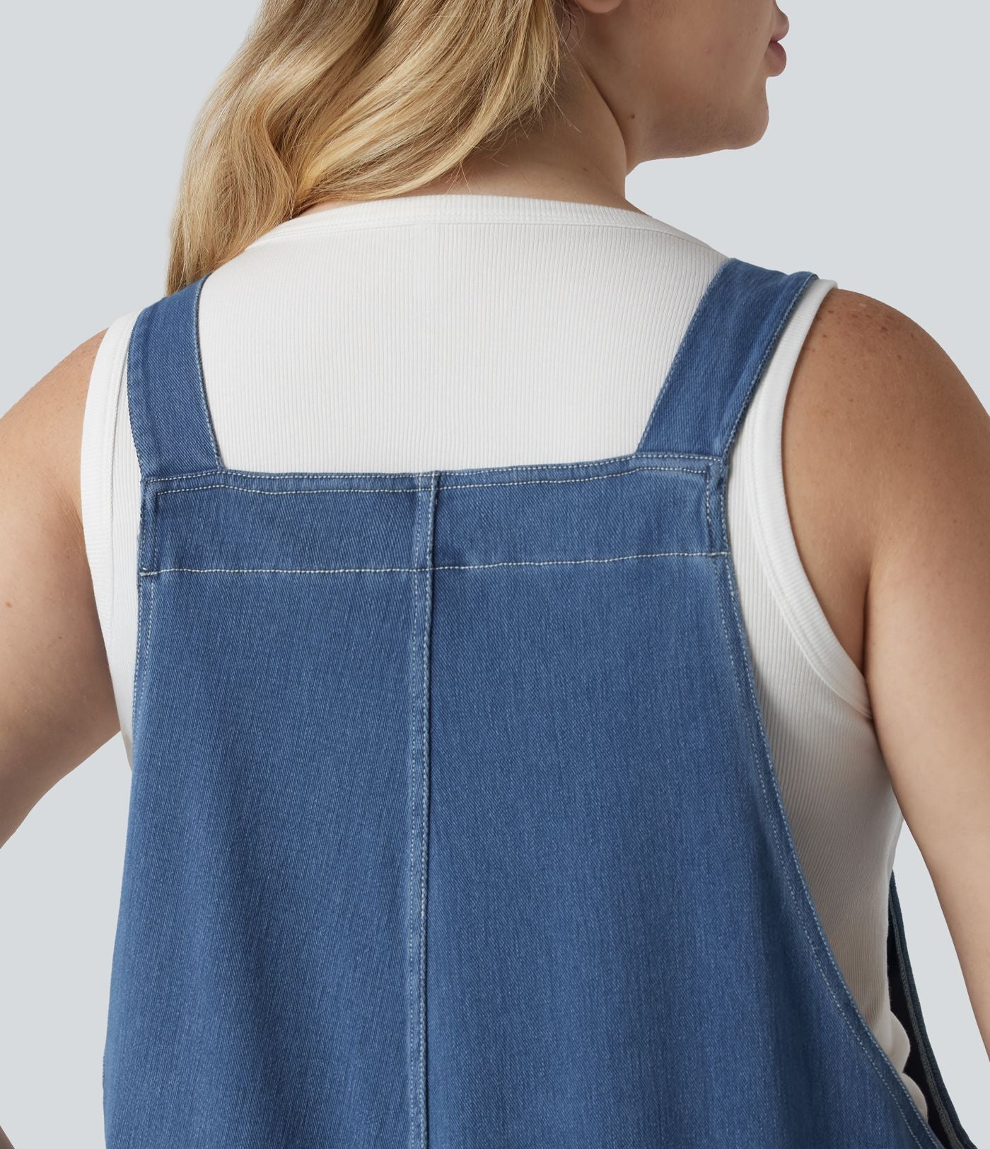 Salopette décontractée Halara Flex™ grande taille en maille denim extensible délavée col V avec poches