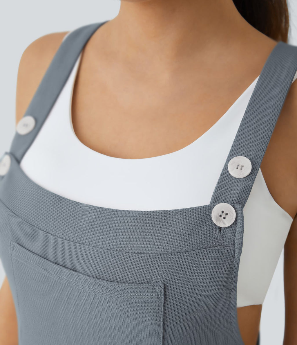Salopette Casual Bretelles Ajustables Boutonnés Multiples Poches Plis et Tissu Gaufré
