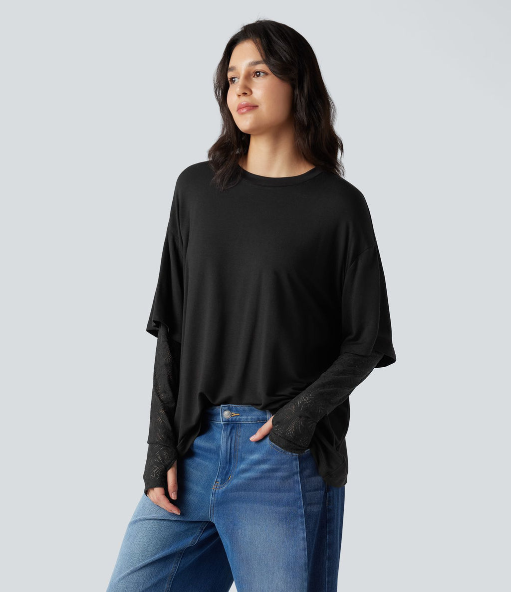 Top 2-en-1 dentelle contrastante col rond manches longues avec trous pouces