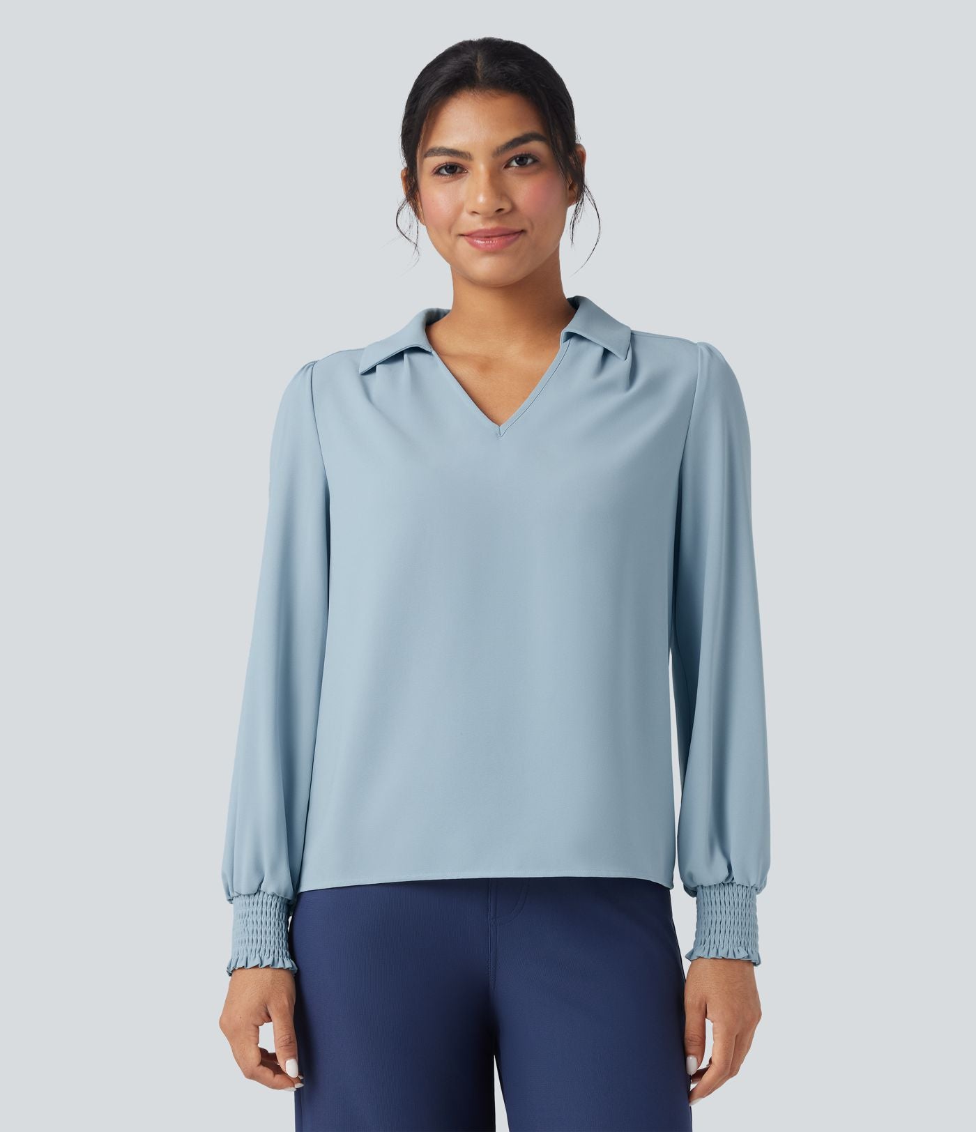 Chemise mousseline anti-froissement col V manches longues