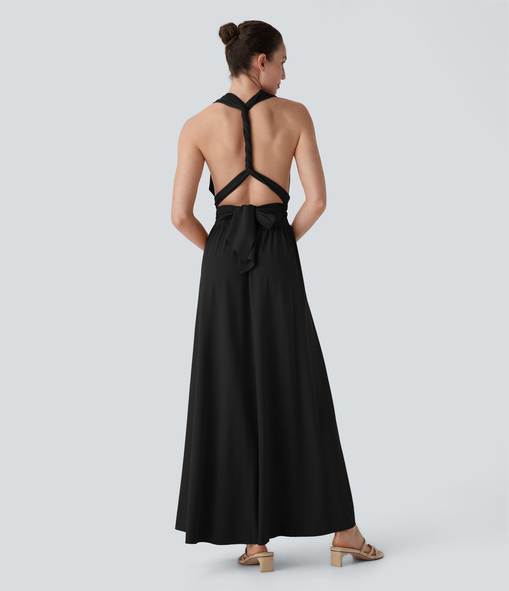 Robe longue de soirée col V, manches courtes, dos croisé à nouer, fendue avec poche latérale