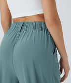 Breezeful™ Pantalon Large Fluide Taille Haute Poches Latérales Palazzo Solide Casual Linen-Feel
