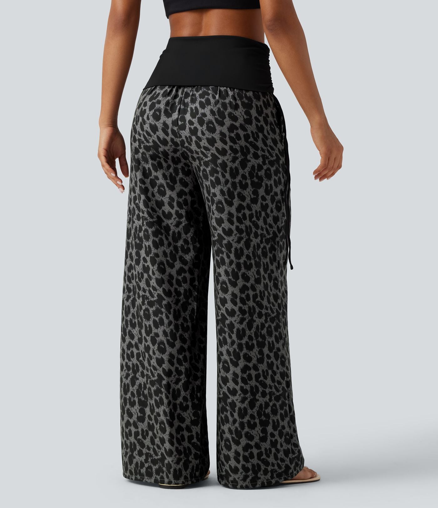 Pantalon baggy casual à imprimé léopard taille haute à revers avec fronces, cordon et poches