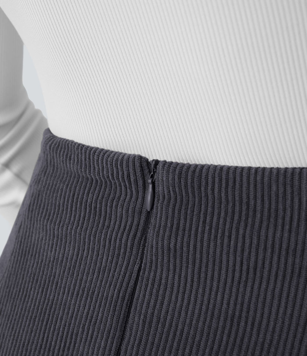Mini-Jupe Casual en Velours Côtelé 2 en 1 Fermeture Éclair Invisible Taille Haute