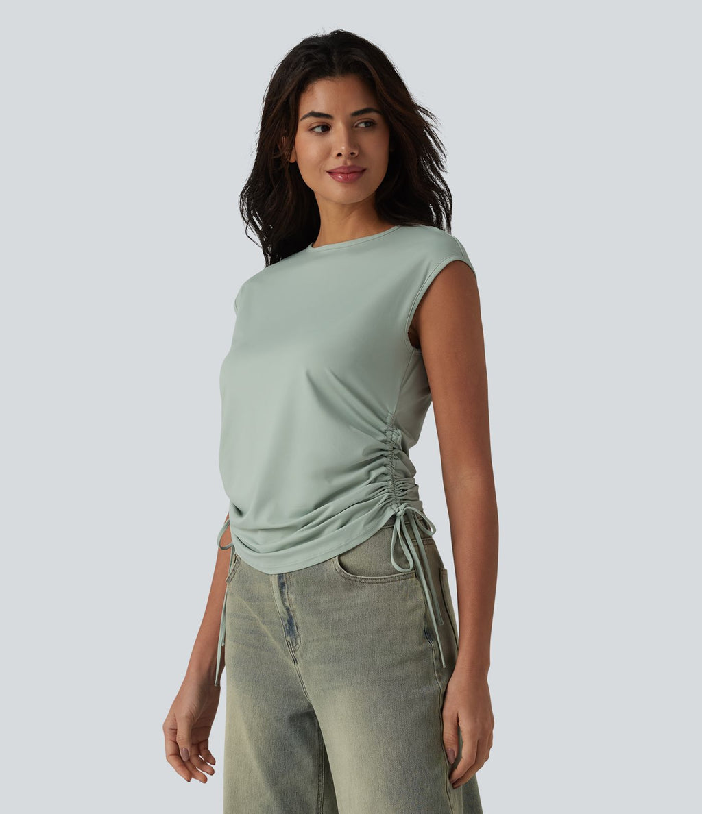 T-shirt casual col rond à manches courtes couvrantes avec cordon de serrage