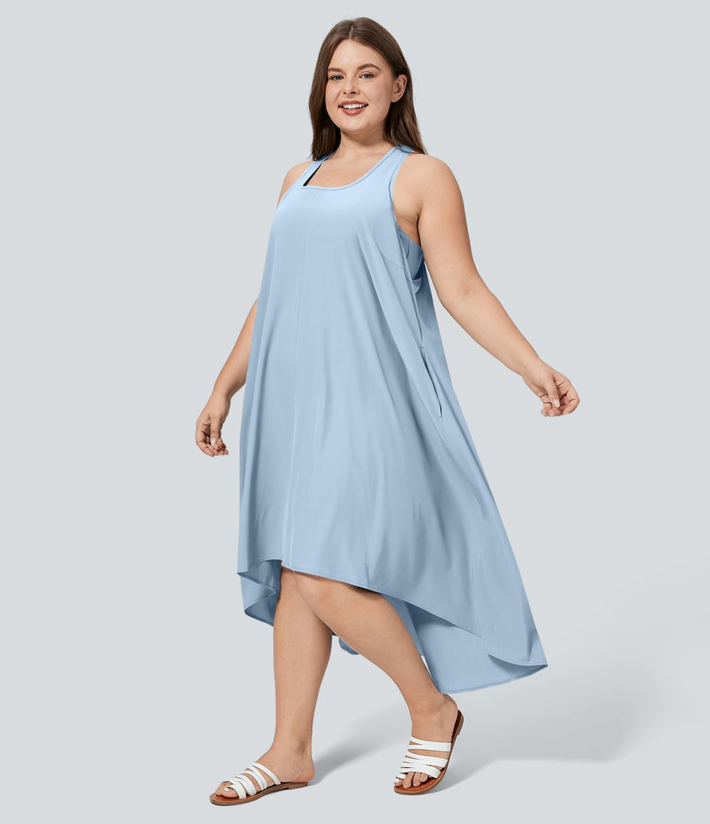 Breezeful™ Dos Nu Racerback Poche Latérale Haut Bas Fluide Midi Séchage Rapide Décontracté Robe Grande Taille