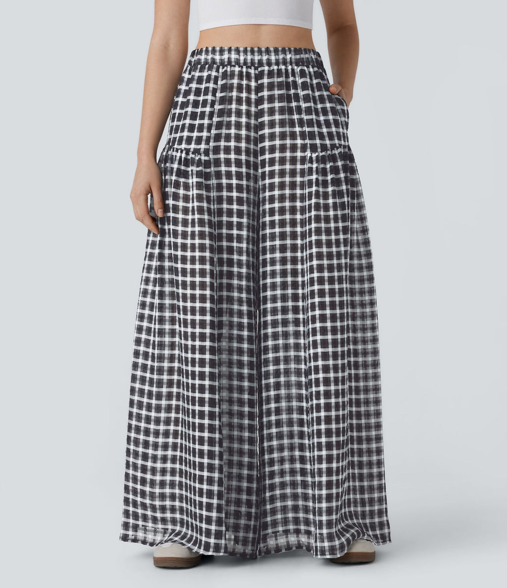 Pantalon décontracté à carreaux taille haute coupe ample avec poches latérales