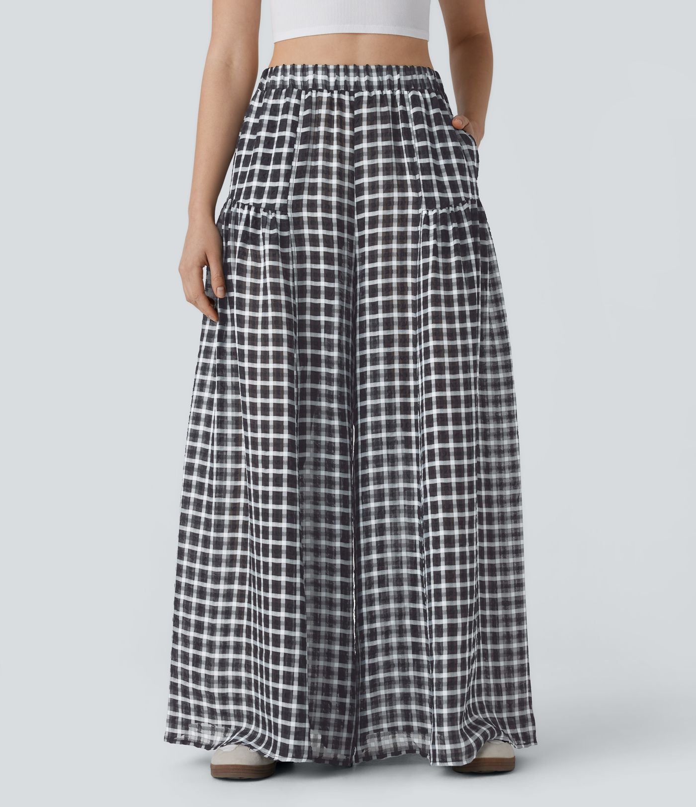 Pantalon décontracté à carreaux taille haute coupe ample avec poches latérales