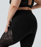 Leggings yoga 7/8 grande taille SoftlyZero™ taille haute croisé dentelle contrastante avec poches - UPF50+