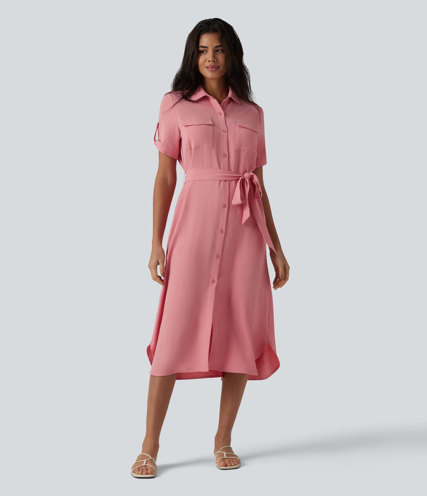 Robe-chemise midi casual à manches courtes aspect lin, ceinturée et avec poches
