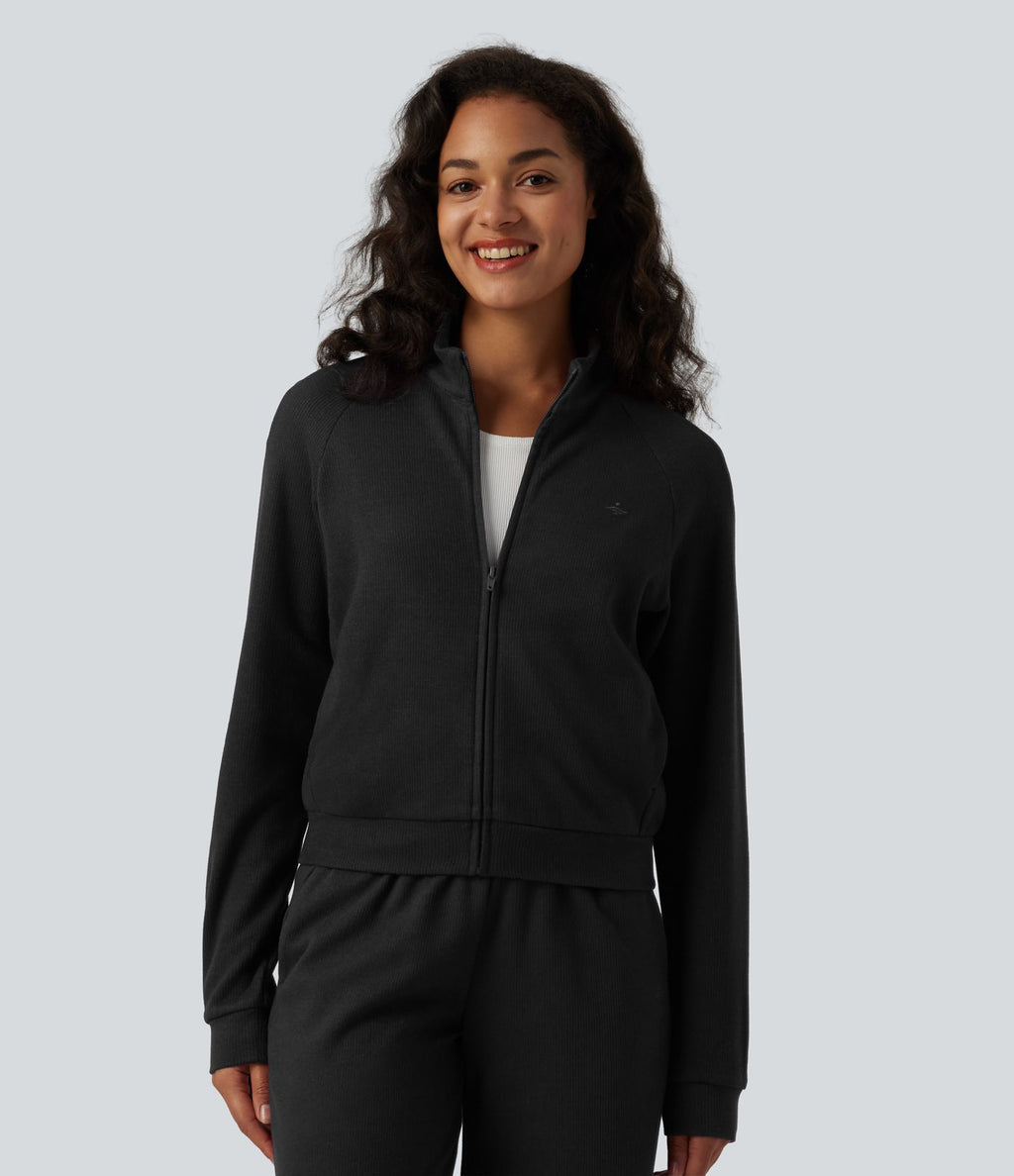 Veste casual côtelée à col montant, manches longues et fermeture zippée avec poches
