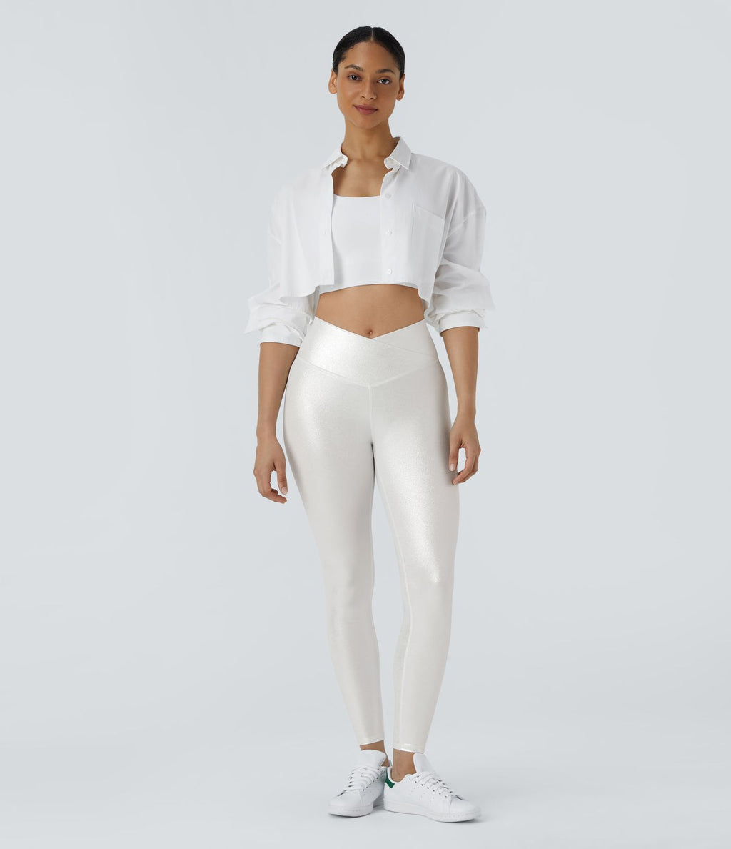 Legging de yoga SoftlyZero™ en simili stretch avec taille croisée, imprimé métallisé et poche arrière