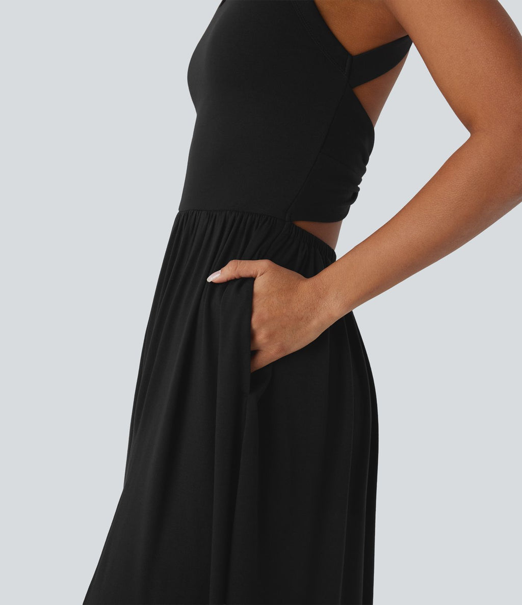 Robe longue fluide fendue avec poches latérales, dos nu et effet torsadé