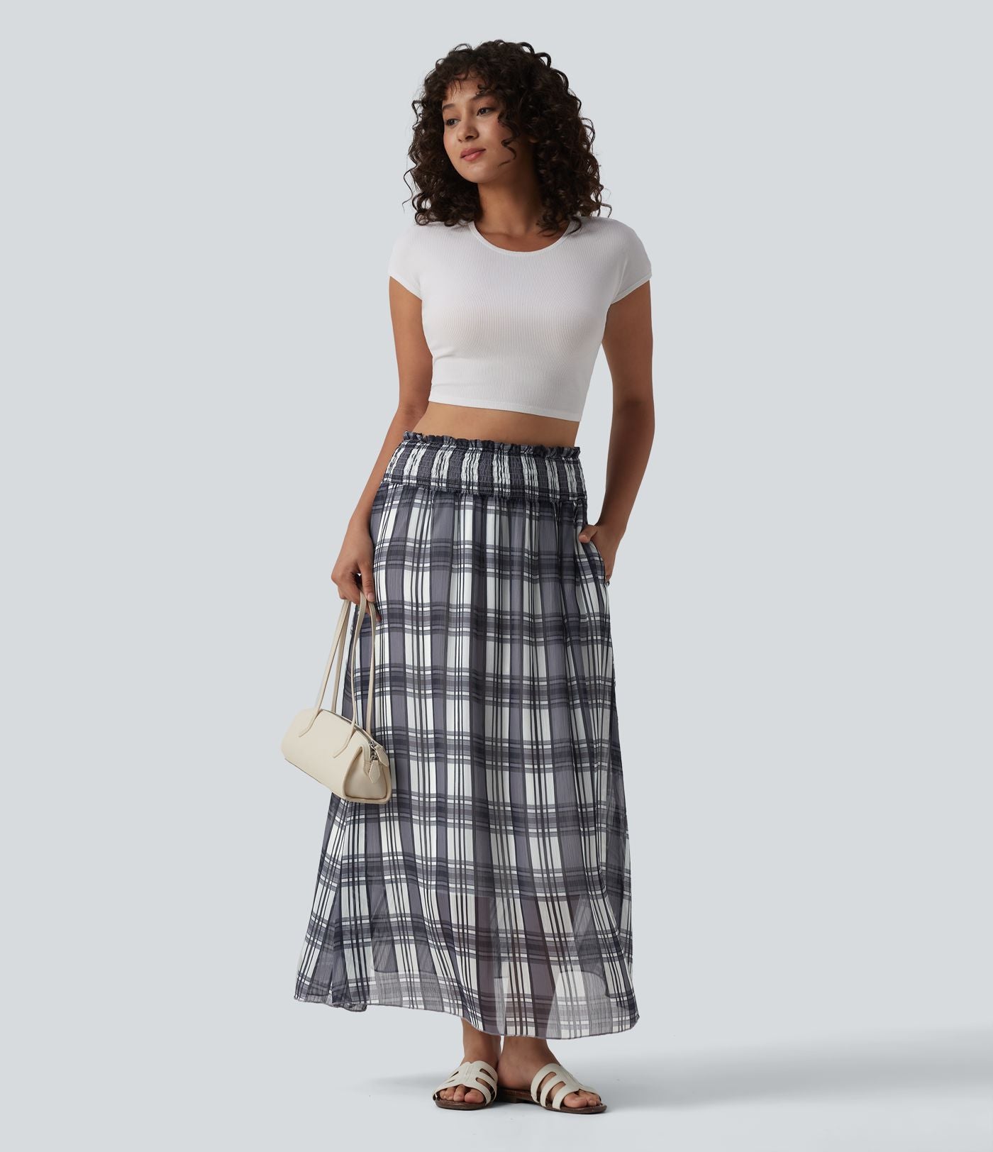 Jupe midi fluide décontractée taille haute avec poches