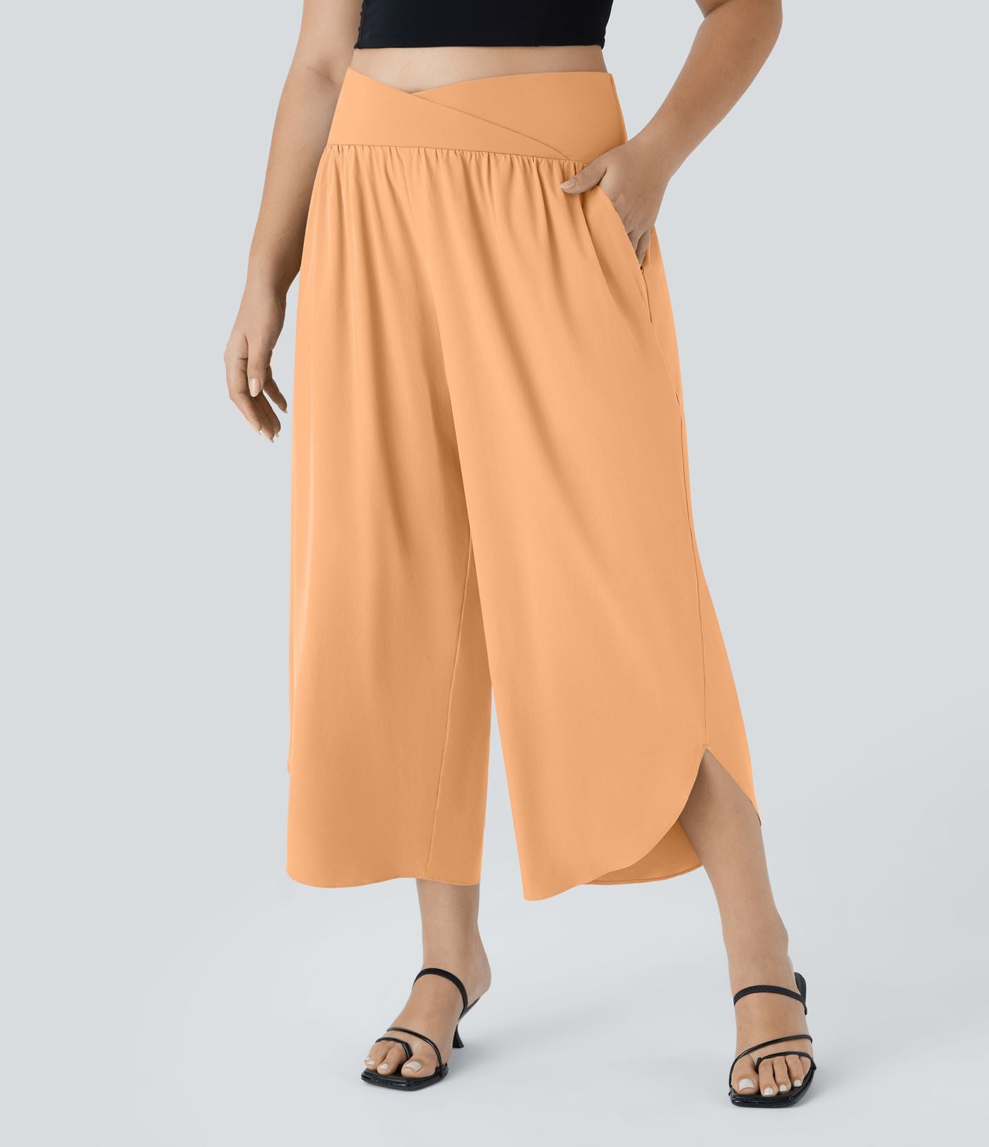 Breezeful™ Pantalon de Vacances Grande Taille Taille Haute avec Découpe Croisée Plissé Poche Latérale Fente et Séchage Rapide