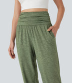 Jogging taille haute froncé chiné avec poches