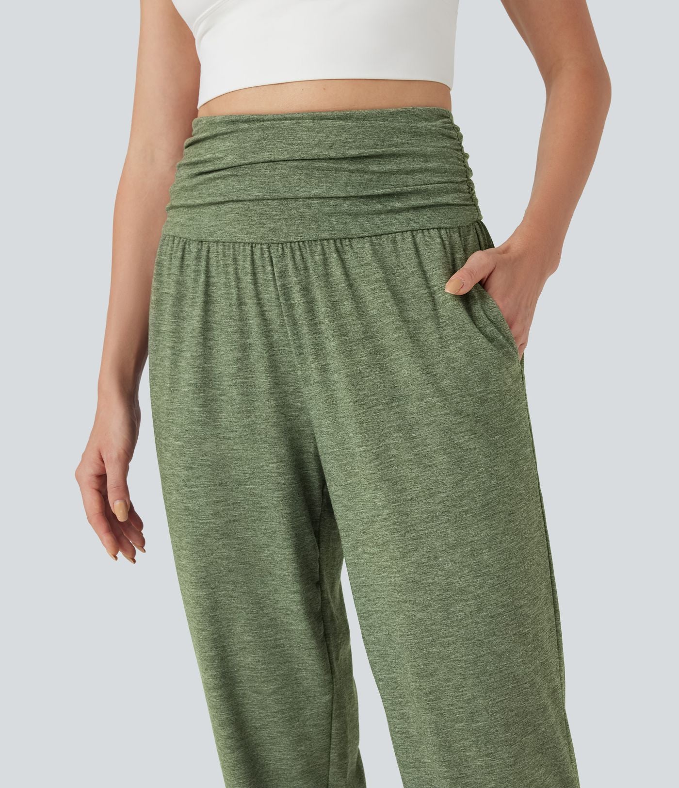 Jogging taille haute froncé chiné avec poches