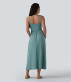 Robe midi fluide casual col carré à corset et nœud devant avec poches