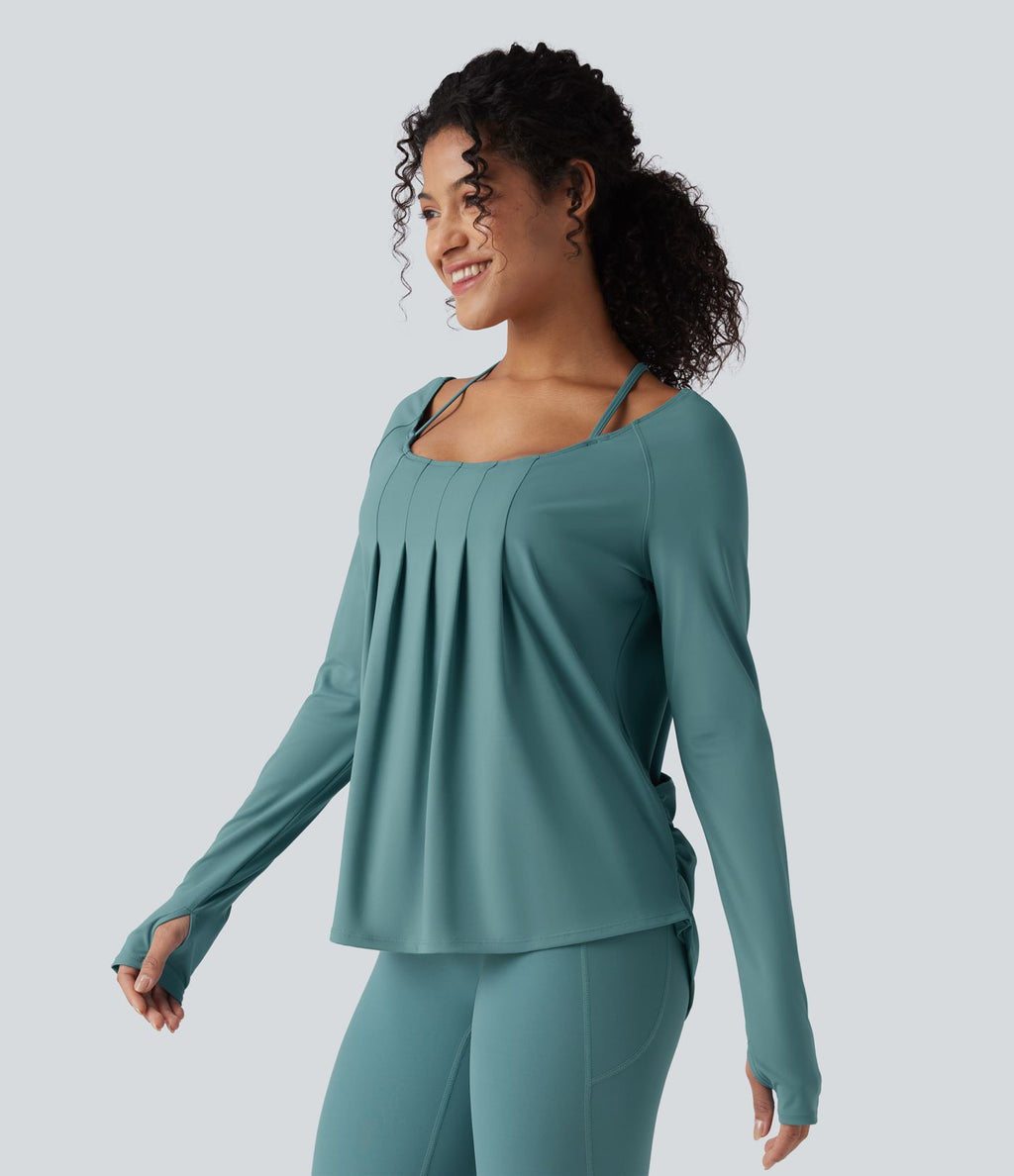Top de sport yoga 2-en-1 SoftlyZero™ Airy dos nu croisé à manches longues avec passage de pouce, fronces et ourlet courbe - UPF50+