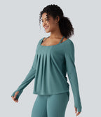 Top de sport yoga 2-en-1 SoftlyZero™ Airy dos nu croisé à manches longues avec passage de pouce, fronces et ourlet courbe - UPF50+