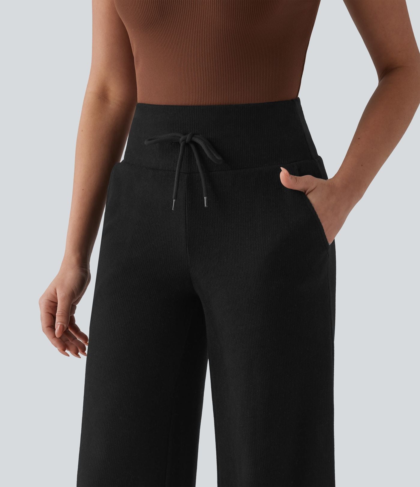 Pantalon casual bootcut gainant taille haute à cordon de serrage en maille côtelée avec poches