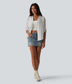 Chemise casual à rayures aspect lin col V manches longues retroussables et ourlet arrondi