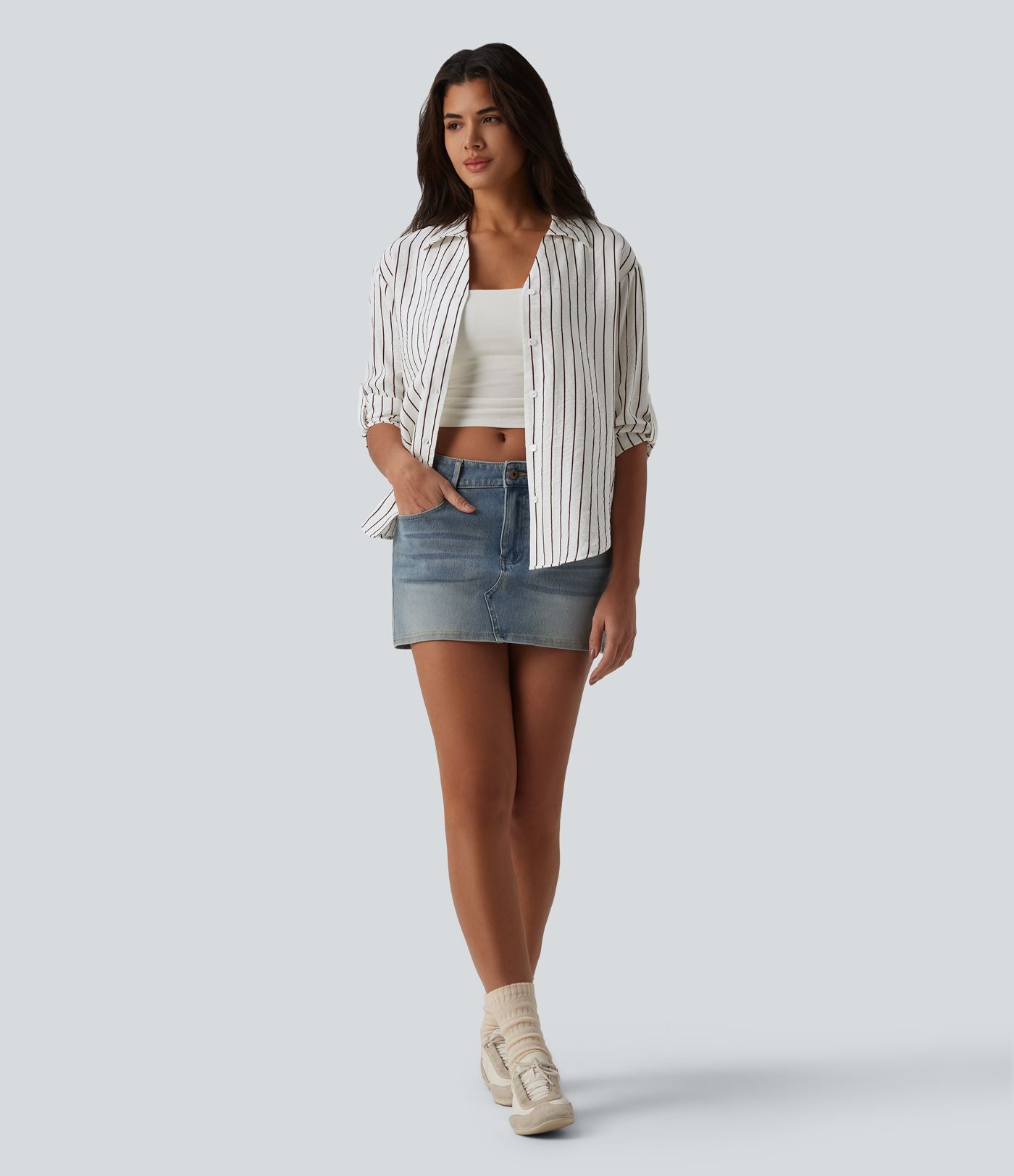 Chemise casual à rayures aspect lin col V manches longues retroussables et ourlet arrondi