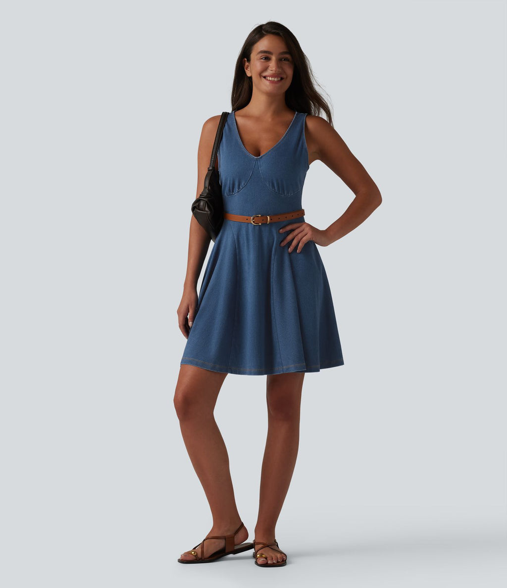 Robe évasée décontractée Halara Flex™ en denim à col V sans manches et drapée en lyocell lavé