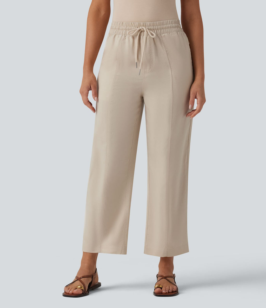 Pantalon casual fuselé en lin drapé taille haute avec cordon de serrage et poches