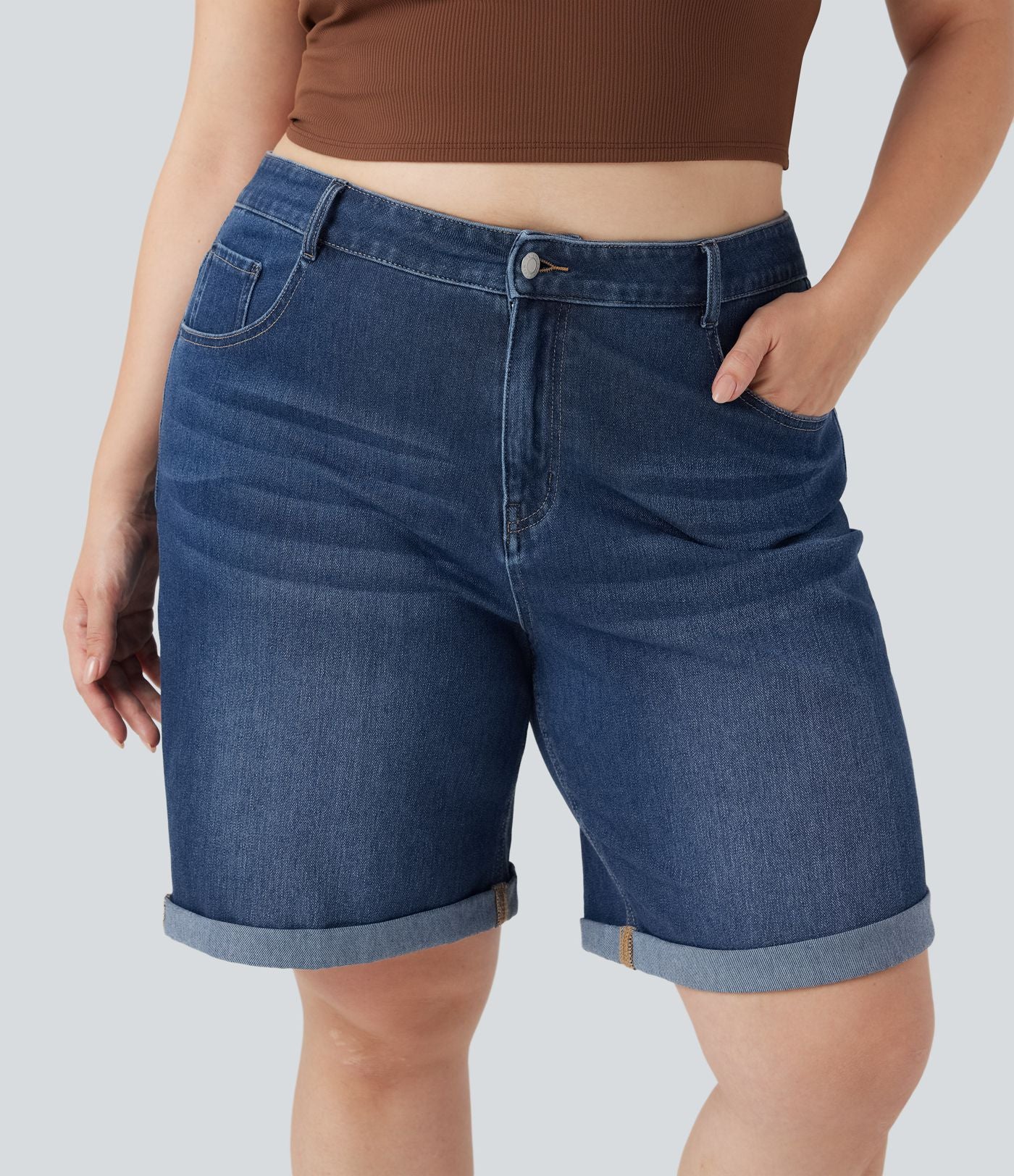Short bermuda casual denim grande taille Halara Flex™ tricot extensible délavé taille haute multiples poches ourlet roulotté