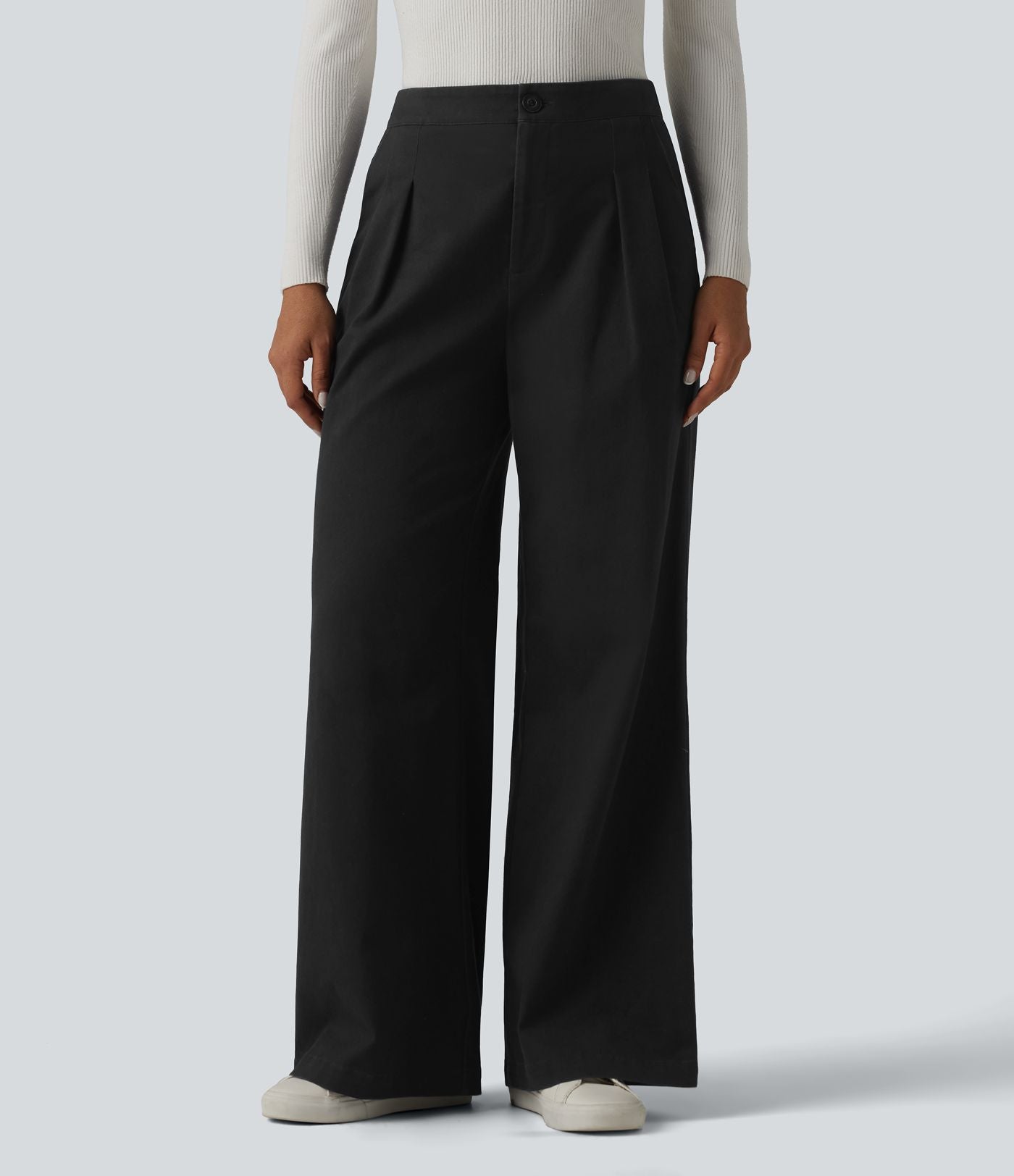 Pantalon tailleur chino large en coton taille haute avec poches