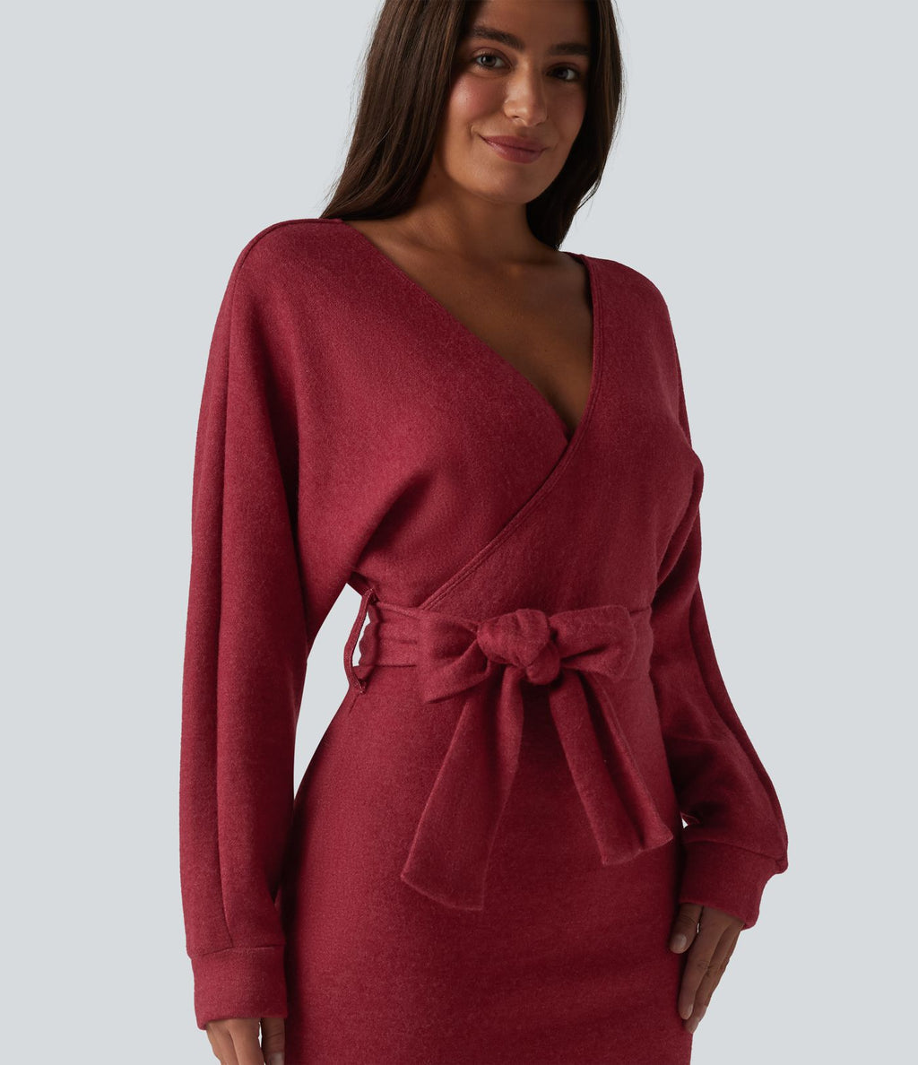 Robe courte décontractée col V croisé manches chauve-souris ceinturée