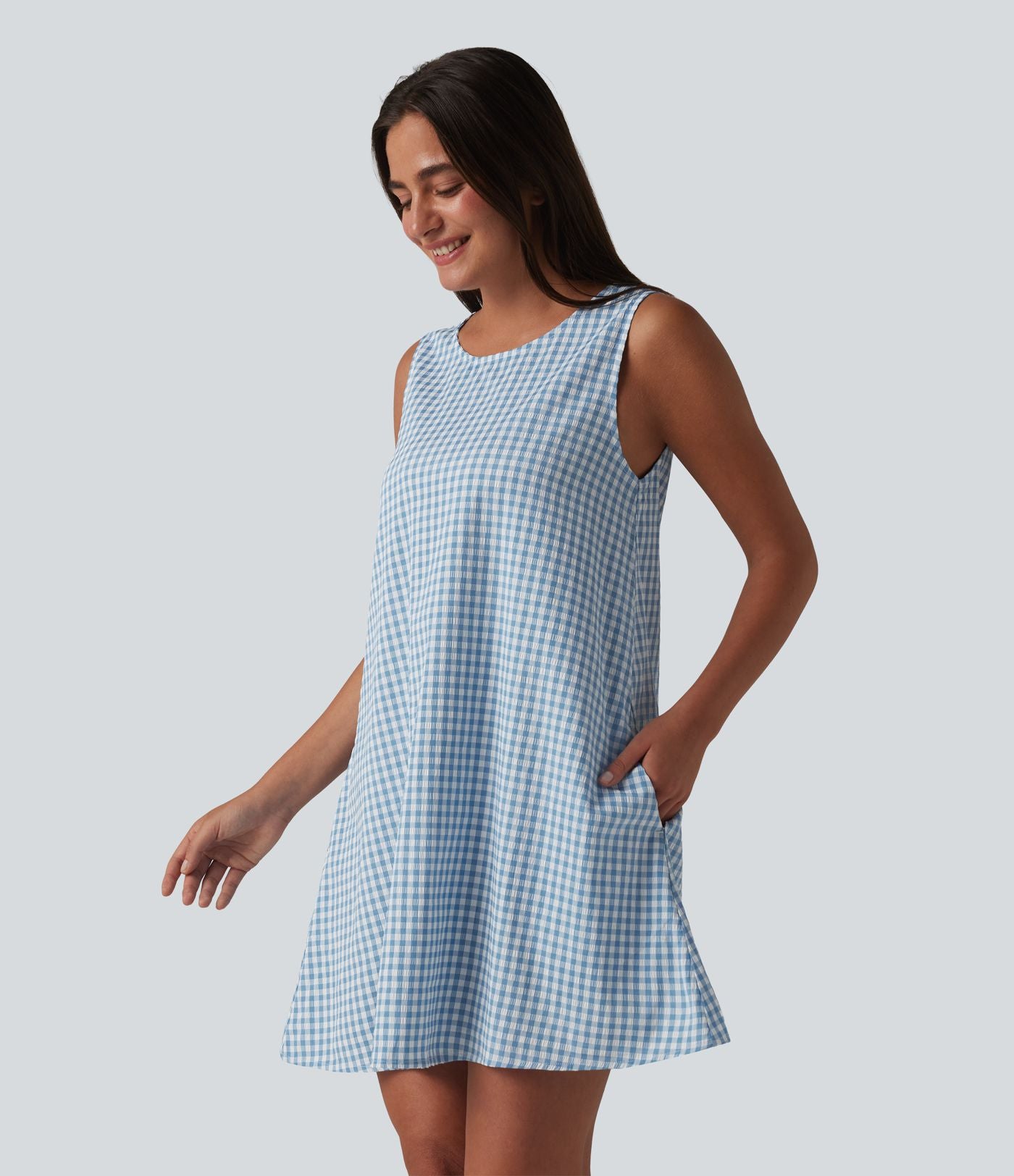 Robe débardeur mini décontractée col rond sans manches en vichy froissé avec poches