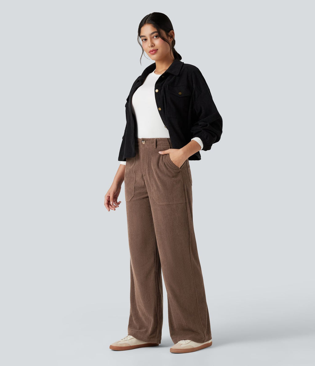 Pantalon décontracté large en velours côtelé, taille haute, avec poches