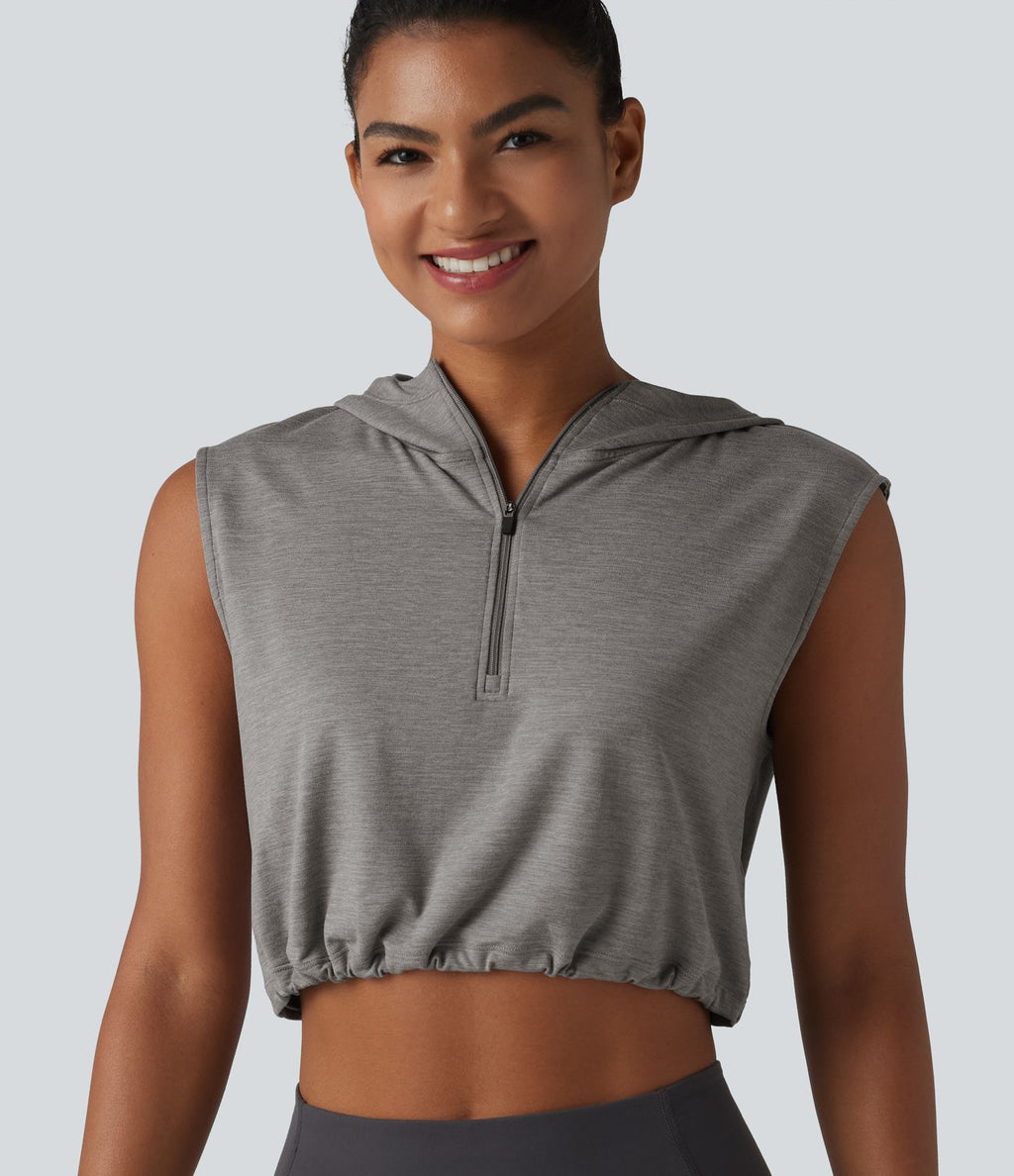 Débardeur de yoga court à capuche avec demi-zip