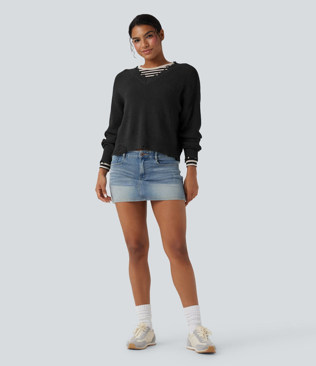 Pull casual col V délavé manches longues