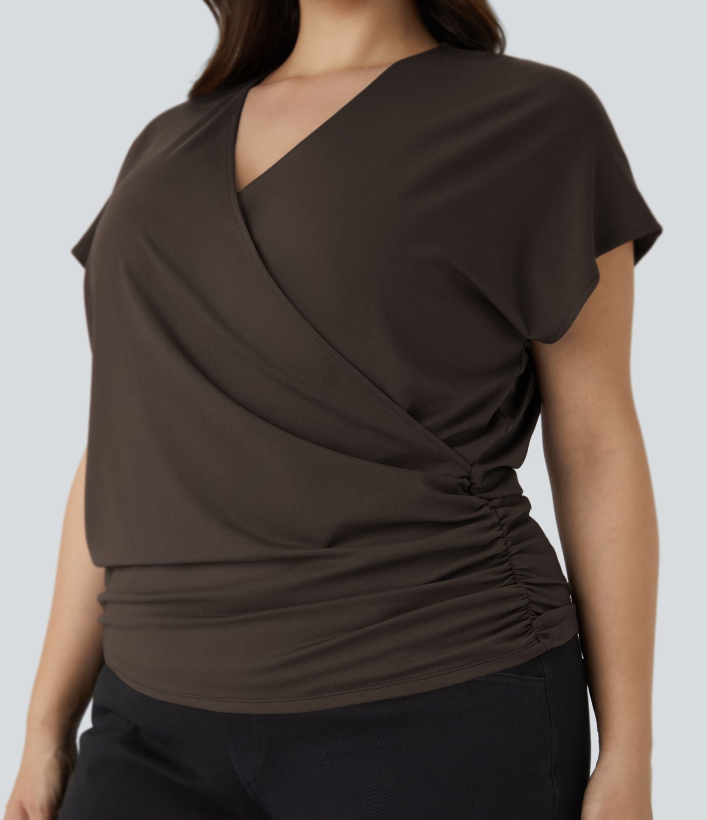 Blouse Travail Unie Froncée Croisée Manches Courtes Col en V Grande Taille