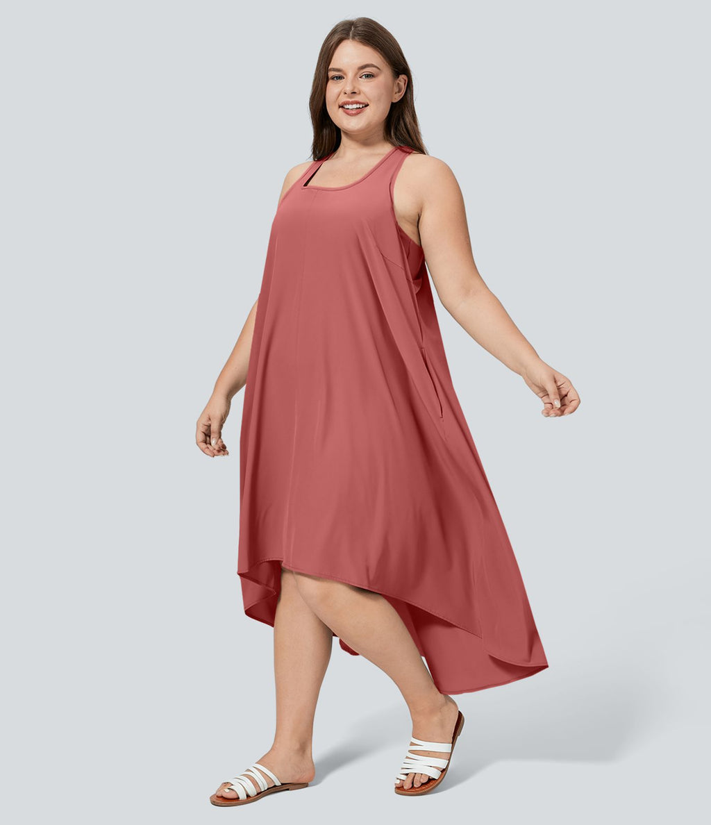 Breezeful™ Dos Nu Racerback Poche Latérale Haut Bas Fluide Midi Séchage Rapide Décontracté Robe Grande Taille