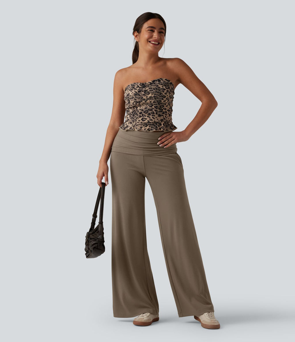 Pantalon ample décontracté en maille côtelée taille très haute rabattable avec poches