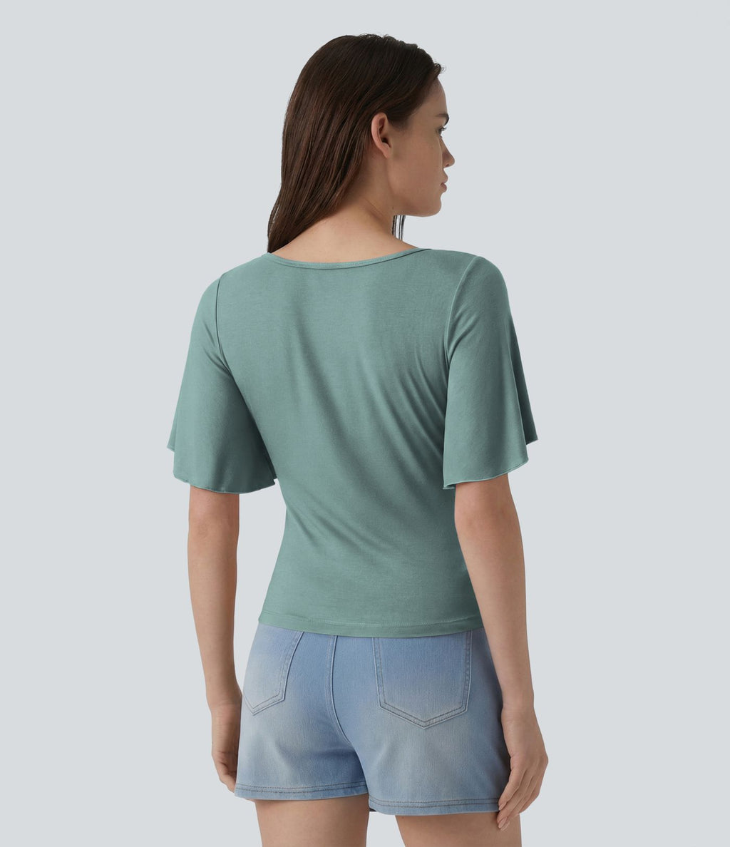 T-shirt décontracté maille côtelée col carré manches papillon froncé