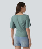 T-shirt décontracté maille côtelée col carré manches papillon froncé