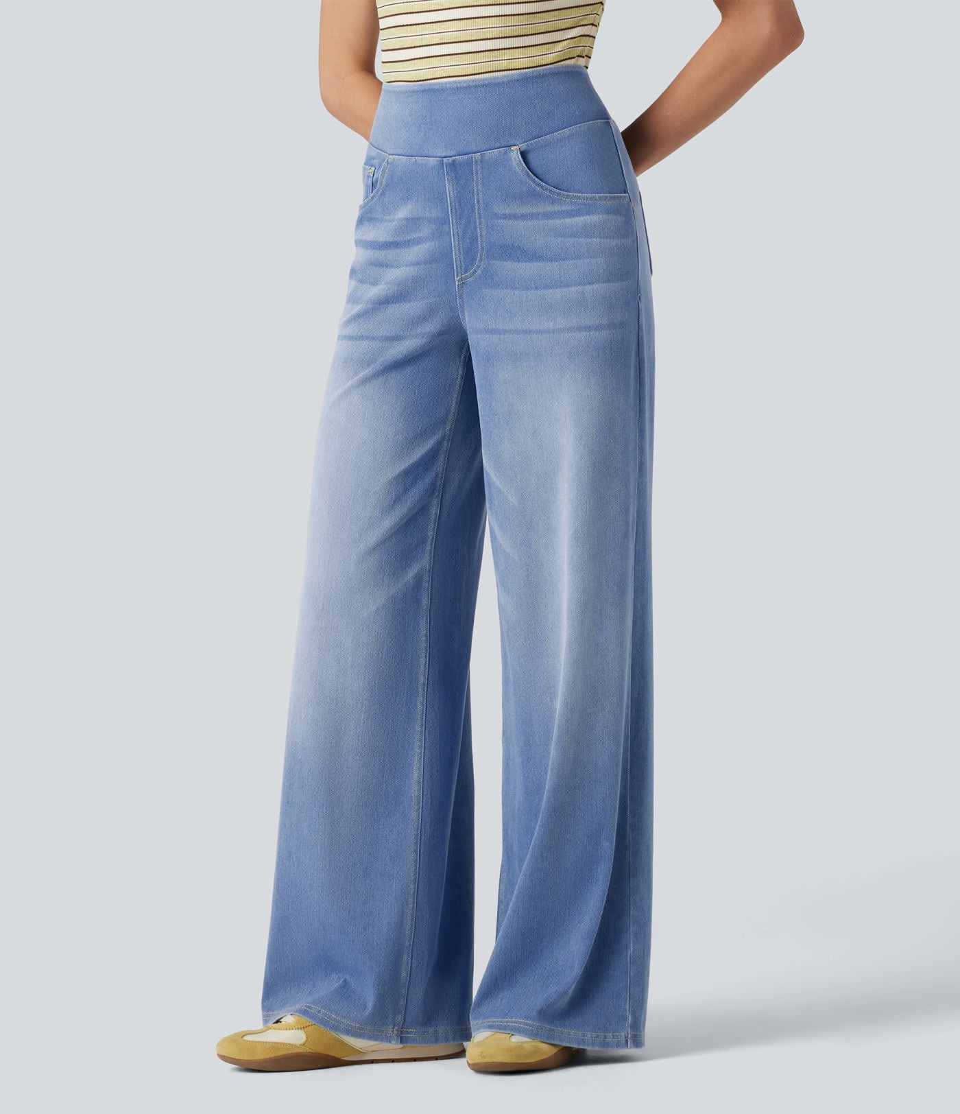 Jean décontracté Halara Flex™ large taille haute effet délavé avec poches