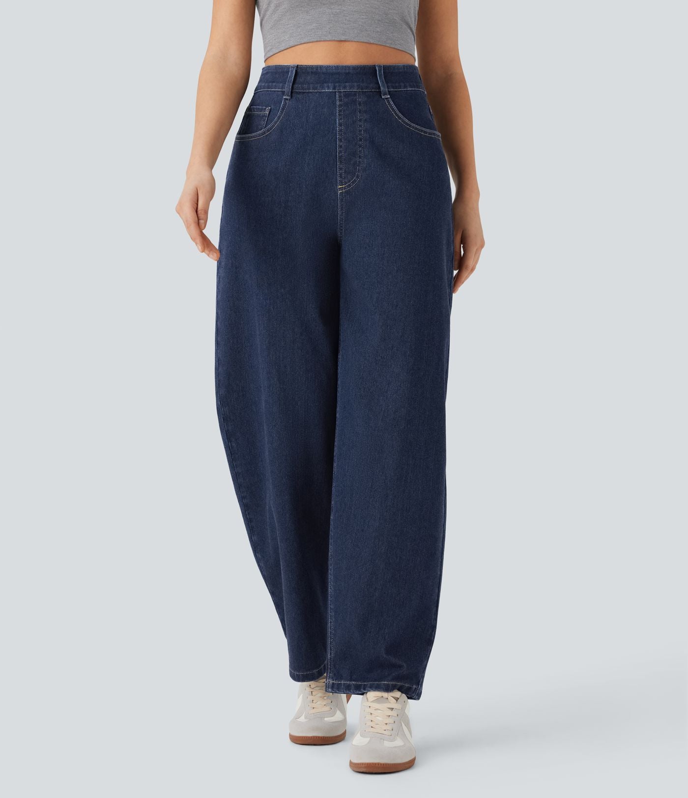 Jean ample délavé taille haute en maille extensible avec poches multiples