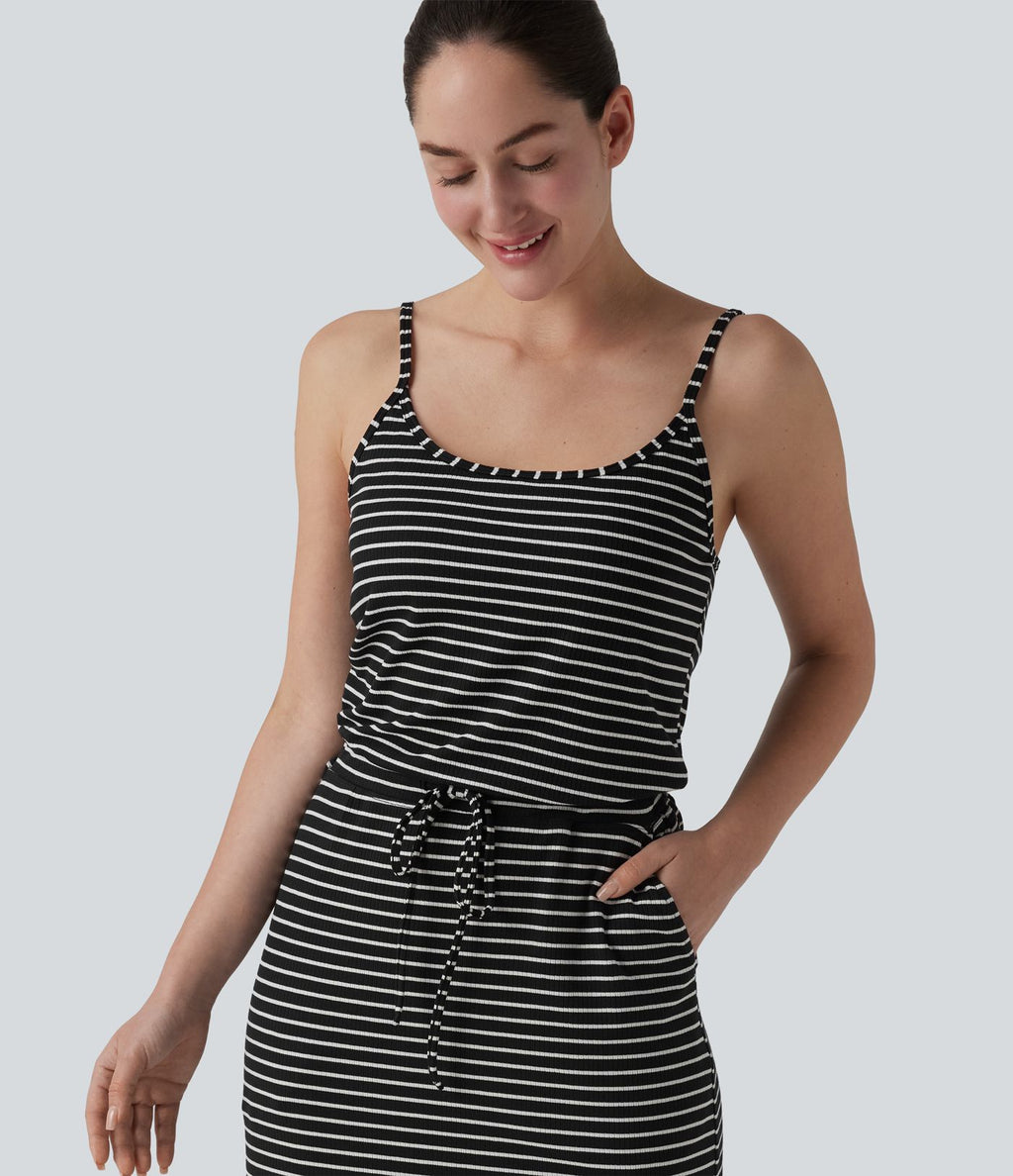 Robe décontractée midi rayée avec brassière intégrée cordon de serrage et poches