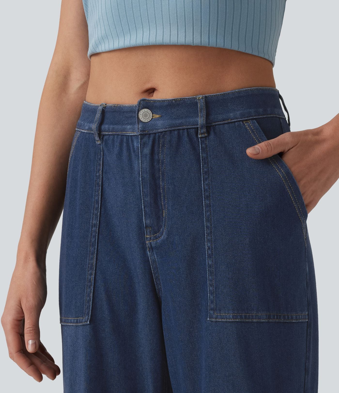 Jean droit cargo casual Halara Flex™ taille mi-haute en lyocell drapé délavé avec poches