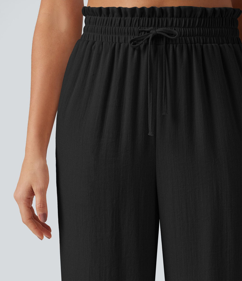 Pantalon effet lin taille haute avec cordon de serrage, bord volanté et poches