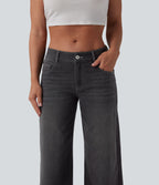 Halara Flex™ Jean Large Casual Taille Basse avec Boutons Zip Multiples Poches Lavés Élastiques et Tricotés