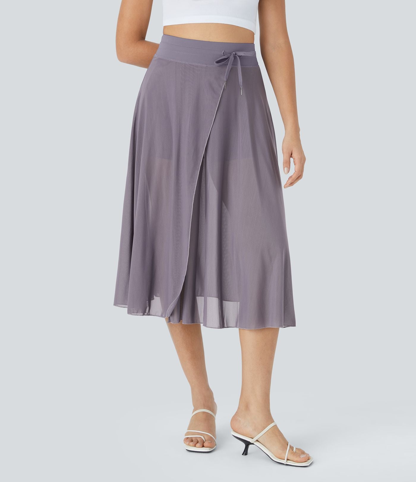 Jupe Casual Évasée Mesh Mi-Longue Fuide 2 en 1 Contrastée Taille Haute Cordon Poche Latérale