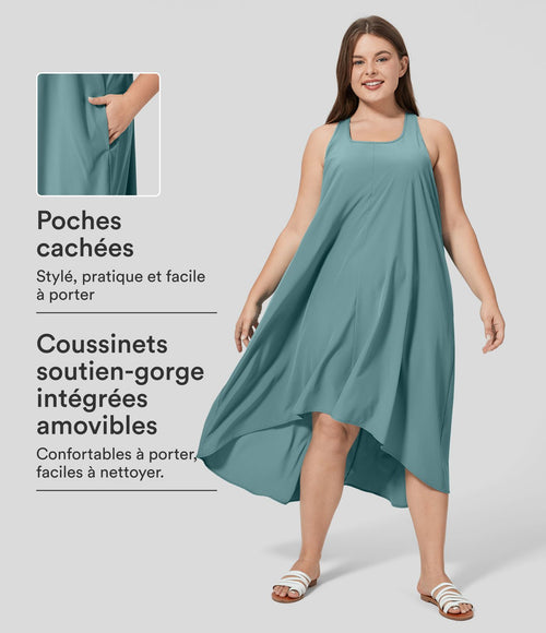 Breezeful™ Dos Nu Racerback Poche Latérale Haut Bas Fluide Midi Séchage Rapide Décontracté Robe Grande Taille
